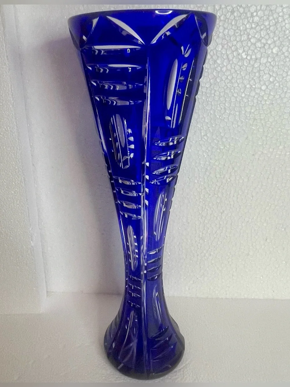 Vintage Cobalt Blue Cut Crystal Vase 12” Pedestal Geometric Art Glass Heavy Read